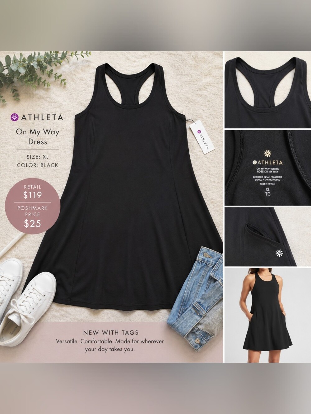 ✨Athleta On My Way Dress – XL – Black | NWOT | MSRP $119